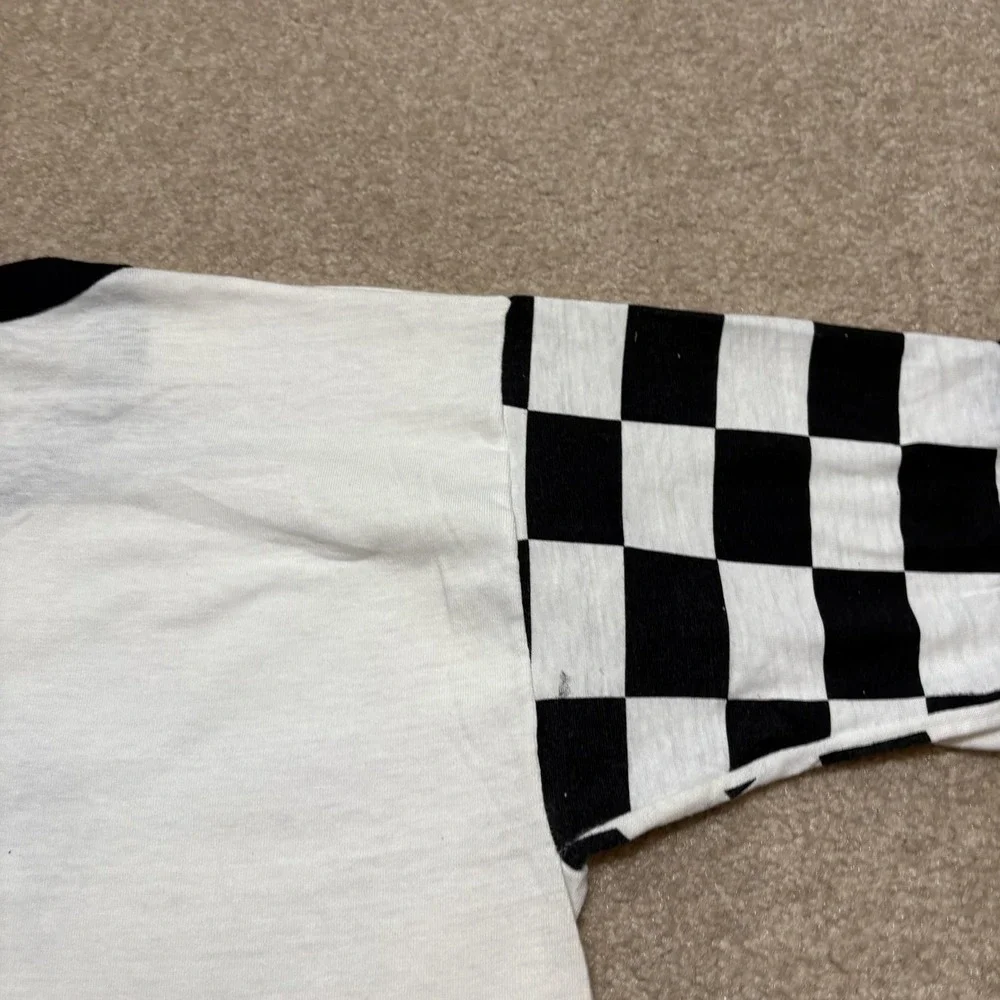 Vtg 70s NASCAR Shirt Ray Elder‎ XL 18-20 Fits Small White Sears Checkered Sleeve
